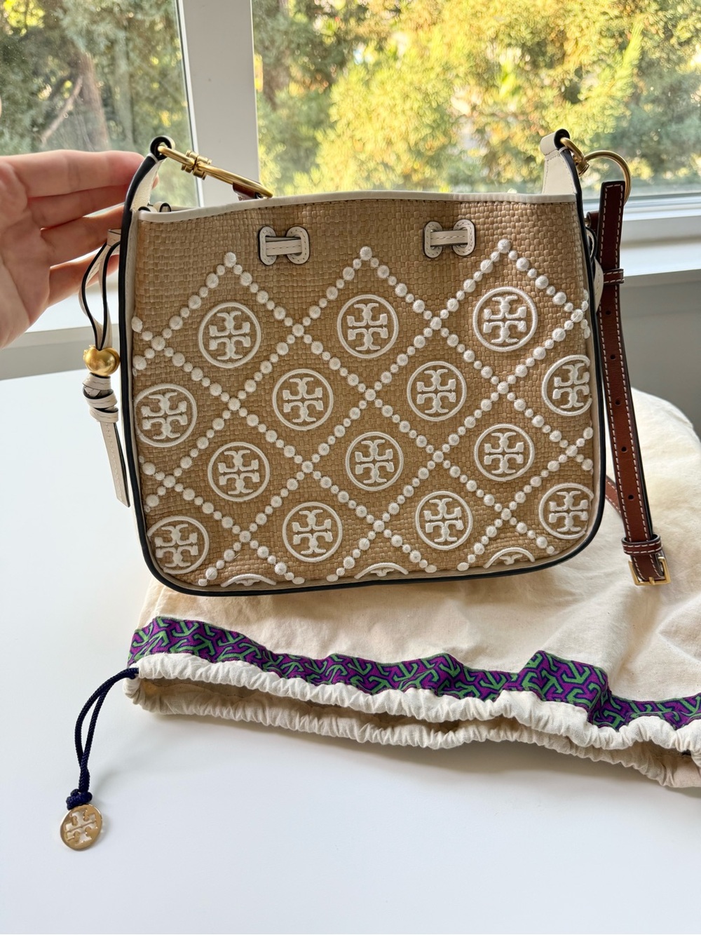 Tory Burch Tan Raffia Crossbody with White Embroidered Logo Pattern